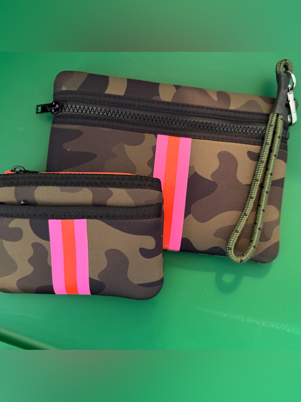 Camo Neoprene Wristlet Pouch with Pink & Red Stripe